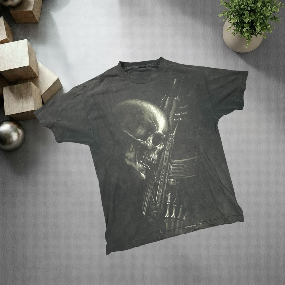 Vintage Y2K Skull Rifle Graphic T-Shirt Washed Black Boxy Fit Grunge Streetwear